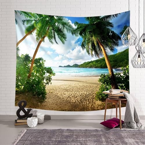 Mesnt Wandteppich Strand Palmen, 210x140cm Palmen auf Insel Ozean Sommerstrand Wandbehang Wandteppich für Meditation Schlafzimmer Wohnzimmer Schlafsaal | Grün Beige, Stil 3