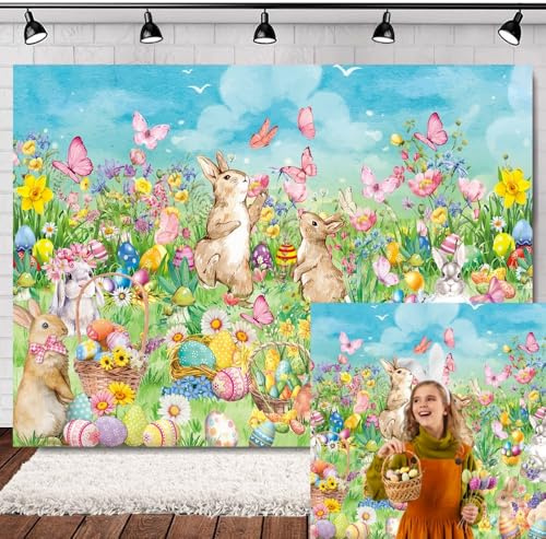 INRUI Fond de Photographie pour la Fête de Pâques Printemps Pâques Lapin Oeufs Colorés Fleurs Herbe Décoration de Photo pour Fêtes (2,1 x 1,5 m)