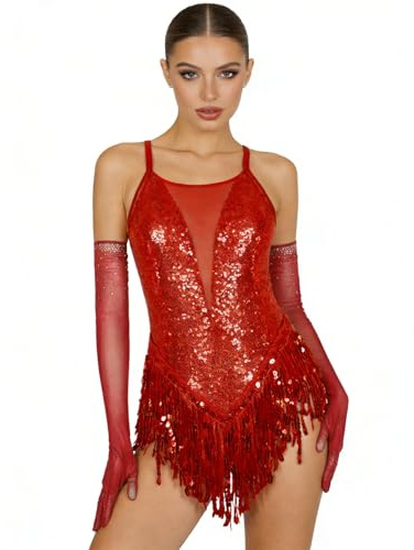 inlzdz Damen Glitzer Tanzkostüm Latein Tanzanzug Trikot Body Quasten Tanzkleid mit Lang Handschuhe Wettkampf Ballsaal Performance Kostüm Rot S