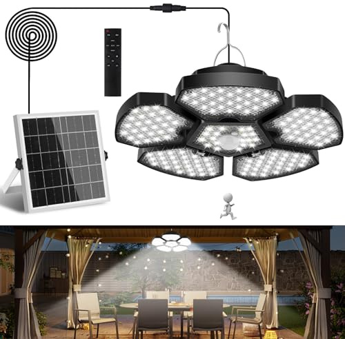 NATPOW Lámparas Colgantes Solares Exterior con Sensor Movimiento, Luz Solar Exterior con Mando Distancia, Lámpara Colgante Interior, 4 Brillo,Temporizador, Cable 5m para Casa Jardín Garaje Balcón