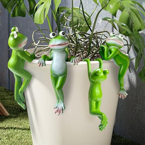 4 Stück Blumentopf Hänger Frösche Deko,Garten Frosch Figuren Wetterfest Harz Gartenfigur Blumentopfhänger Gartendeko Statue,Tiere Ornament Gartenfigur für Außen Balkon Garten Frosch Topfdekorationen
