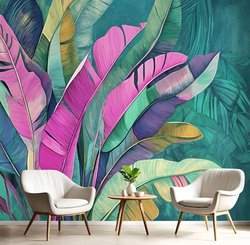 3D Papier Peint Feuilles Bananier Tropicales Violet Feuilles 350× 256cm Tissus Non Tissés Papier Peint Panoramique Pour Salon Chambre Chambre D'Enfant Décoration Murale