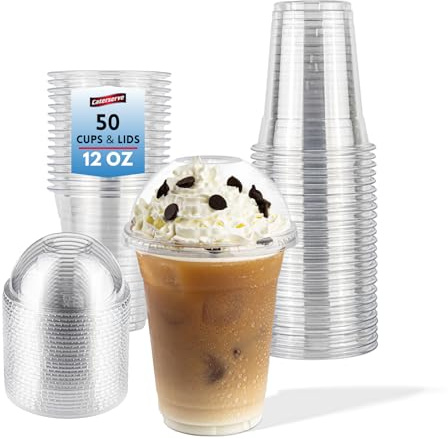 Caterserve Clear 12oz Cups with Dome Lids – 50 Pack Set – Great for Smoothies,Iced Drinks,slushies at Cafes, Restaurants, Events, and Takeaway Service
