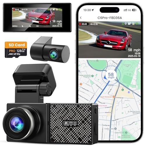 TINAZEOK Dash Cam Front and Rear 4K+2.5K, 5GHz WiFi GPS, 128GB Card Included, App Control, 3.16 IPS Screen, 24H Parking Mode, Night Vision, 170° Wide Angle, G-Sensor, WDR, Dashcam for Cars(C6 Pro)