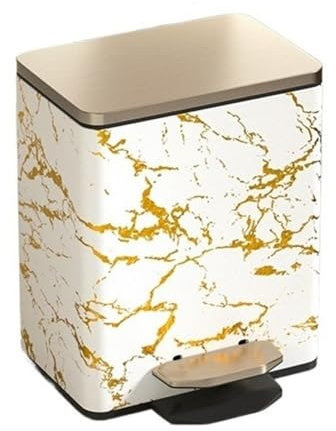 Design compact et peu encombrant, poubelle pour la maison, le bureau et la salle de bain Poubelle en marbre avec couvercle en acier inoxydable et pédale for la maison et le bureau(White-gold,15L)