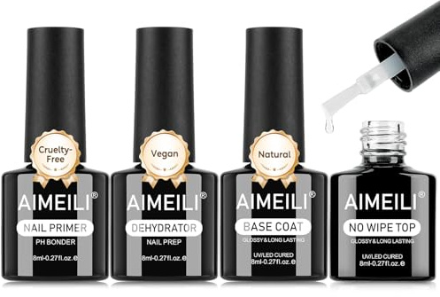 AIMEILI Gel Nagellack Semi Permanent 4-delat, Nagel Primer Dehydrator Bas och Top Coat för Nagel Ultra Glansande Långvarig Manikyr Set