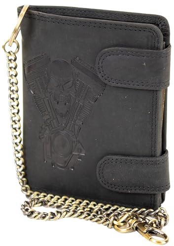 MDM biker plånbok av äkta läder med metallkedja och dödskalle V-Twin prägling, svart, 10.0 X 12.5 X 2.5 Centimeters, Biker