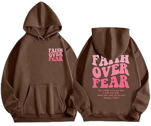 Qiamia Faith Over Fear Hoodie with 50 PCS Bible Stickers, Christian Hoodie for Men & Women, Oversized Hooded Sweatshirt for Women Men (Brown,S)