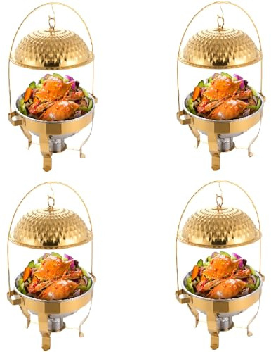 Chafing Dishes for Buffet Set of 4, 8.5Qt /8L Stainless Steel Round Buffet Chafer, Gold Hanging Lid Dining Stove, Buffet Server and Warmer Set, Countertop Warming Tray for Parties, Dishwasher Safe