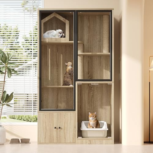 Casa para gatos grande de cristal de 4 pisos – Villa para gatos de madera con postes rascadores, resistente a la intemperie y resistente al invierno, para interior y exterior, en color amarillo madera