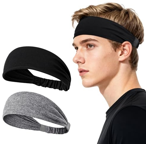 Sularpek 2 Pezzi Fascia Capelli Sport per Uomini Donne, Fasce Elastiche Fitness Antisudore, Headband Traspirante per Running Ciclismo Yoga, Coprifronte Elastiche in Nero e Grigio