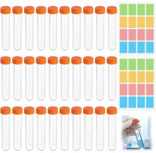 Nadisean 30 Stk Zentrifugenröhrchen 10ml, Probenröhrchen mit Schraubdeckel | Reagenzglasprobe Plastikröhrchen, Kunststoff Kryoröhrchen mit Orange Schraube Deckel, für Labor Experimente, Krankenhaus