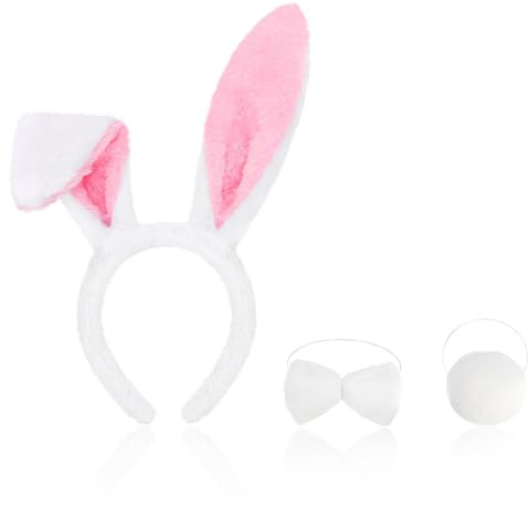 Hasenohren Haarreif Set, Plüsch Hasen Ohren Haarreif, Osterhasen Ohren Haarreifen, Hasenohren Stirnband, Bunny Ears Headband, mit Fliege Hasenschwanz, für Ostern Cosplay Cute Osterhasen Kostüm (Rosa)