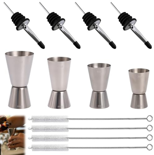LgCiXli Juego de 10 vasos medidores para cócteles de acero inoxidable, medidas precisas de 15/30 ml hasta 30/60 ml, incluye vertedor de botellas y cepillos de limpieza, Jigger profesional para