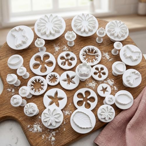 Fondant Plunger Cutters 33 PCS – Cake and Cookie Decorating Tool Set – Heart Flower Leaf Butterfly Star and Daisy Shapes