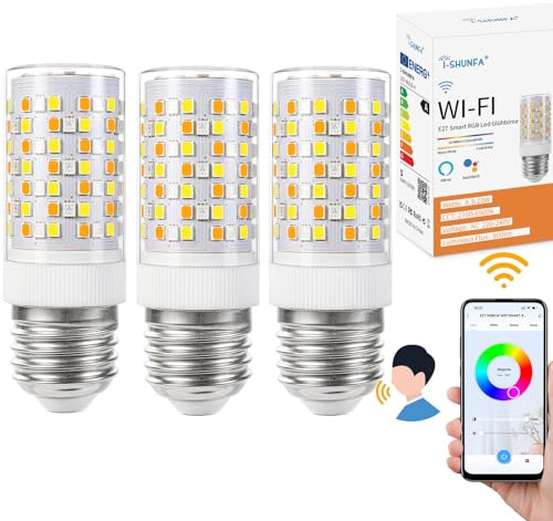 I-SHUNFA E27 WiFi Smart Bulb, RGB+2700K-6500K Tunable White, 6.5W 500-750LM, 360° Beam Angle, Works with Alexa & Google Home, Tuya/SmartLife App (3 Pack)