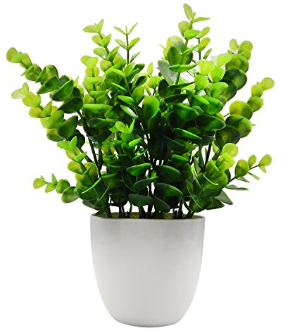 OFFIDIX Mini Plastic Eucalyptus Artificial Plants with Vase for Office desk, home and friends’ gift Fake Plant with Plastic Pots for Home Decoration (White)