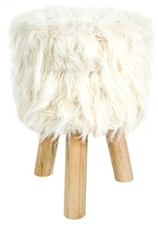 My Flair Fellhocker Weiß mit Holzbeinen – Sitzhocker 26x26x42 cm | Kunstfell-Beistellhocker flauschig & weich – ideal für Wohnzimmer, Schlafzimmer & Ankleidezimmer