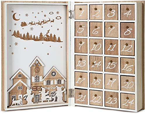 BRUBAKER Adventskalender aus Holz zum Befüllen - Merry Christmas Buch - Wiederverwendbarer DIY Weihnachtskalender 19.6 x 7.5 x 30 cm