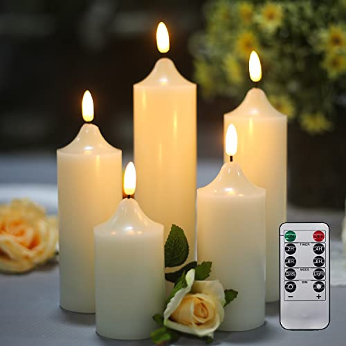 YASENN LED-Kerzen, batteriebetrieben, 5 Stück, flammenlose Kerzen mit Fernbedienung, Timer und dimmbar, warmweiß, flackernd, springende Flamme, realistische Kerzen, Weihnachten