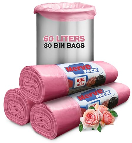Bin Bags 60L - Roses Scented Bin Bags (60L Count 30 Bags) Bathroom Bin Liners with Drawstring for Pedal Bin Liners, Ideal for Sanitary Disposable Bags