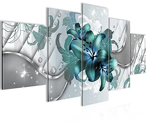Runa Art - Bilder Blumen Lilien 200 x 100 cm 5 Teilig XXL Wanddekoration Design Grau Türkis 016551a
