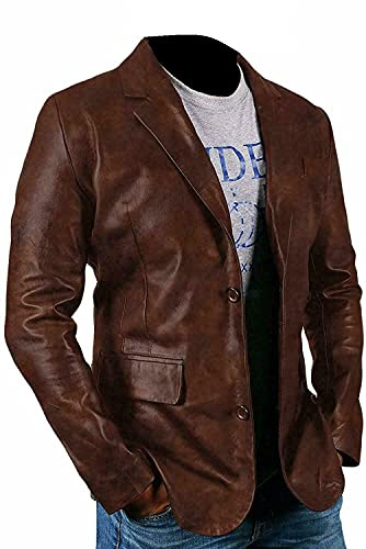Blazer en cuir d'agneau pour homme - Marron vieilli - Coupe ajustée - Deux boutons, Marron - Similicuir, Taille M