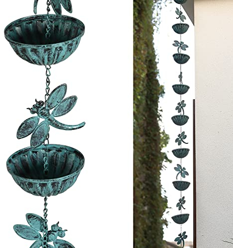 Retrome Eisen-Libellen-Regenkette für Dachrinnen, 2,5 m Länge, Blau im Used-Look