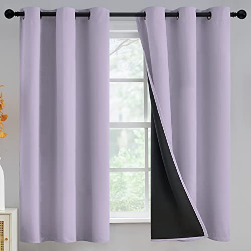 Yakamok Verdunkelungsvorhänge für Schlafzimmer, lichtblockierende Vorhänge mit schwarzer Rückseite, wärmeisolierend, solide Ösen für Wohnzimmer, 42 x 63 l, Lila, 2 Vorhänge