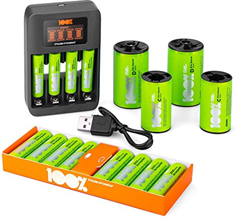 100PP Home Charging Pack incl Rechargeable AA,AAA,C,D Batteries With USB Charger with LED screen includes 8 AA & 4 AAA & Charger