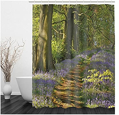Banemi Duschvorhang für Gardinengleitung, Shower Curtain Textile Braun, Grün, Lila Bergpfad 180X180cm für Eck Dusche mit 12 Duschvorhangringen