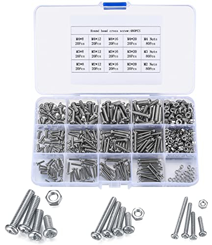 480 Pezzi Viti e Dadi a Esagonale Brugola Testa Kit, M2/M3/M4 Viti a Testa Tonda e Dadi in Acciaio Inossidabile, Viti Bulloni a Esagono Incassato Kit (argento)