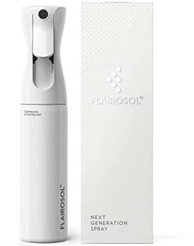 FLAIROSOL Flacone Spray Nebulizzatore per Capelli Ricci 300ml, Spruzzino Acqua Continua Fine per Barbiere/Parrucchiere - Ricaricabile, per pulizia/Piante/Animali Domestici (Bianca, Stampa Nera)