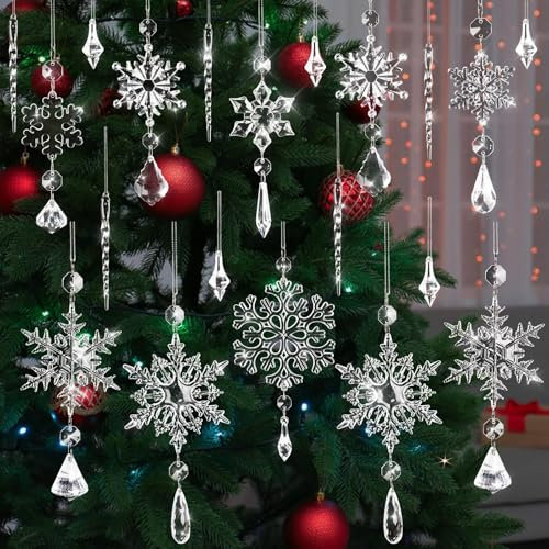 UPINS 20Pcs Crystal Christmas Ornaments for Christmas Tree Decorations, Hanging Acrylic Snowflake Drop Icicle Set for Chirstmas Tree Wall Party New Year Winter Decor Supplies