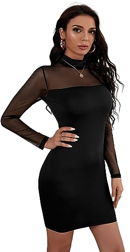 GORGLITTER Figurbetontes Kleid Elegant Damen Mesh Mini Langarm Netzstoff Mit Stehkragen Schwarz M