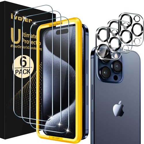 iVoler 3+3 Pezzi Pellicola Vetro Temperato per iPhone 15 pro max 6.7 | con 3 Pellicole Protettive, 3 Pellicole Fotocamera, durezza 9H, cornice di installazione, Anti Graffio, senza bolle