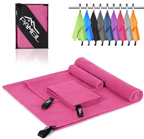Pameil Serviette Microfibre Set de 3 (160x80cm Grande Aerviette de Bain +2 Pièces 80x40cm Petite Serviette), Serviette de Plage Séchage Rapide Serviette Sport pour Le Fitness Sauna (Rose)