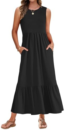 AUSELILY Vestido Largo Mujer Verano Cuello Redondo Sin Mangas Casual Elegante Maxi Vestido de Playa con Bolsillos L Negro
