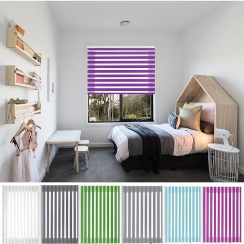 Estor Enrollable Doble Capa 40 x 300 cm translúcido y oscurecido Persiana Veneciana Sombra Fijación sin Taladrar para Ventanas y Puertas, Morado