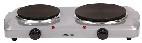 EMtronics 2500W Portable Hob with Double Hotplates and Thermostat Control, Mini Hot Plate Hob Stove, Adjustable Temperature, 155mm and 185mm Dual System - Silver
