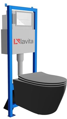 Lavita LAV 101 Vorwandelement für WC 40cm + Wand Hänge Tiefspül WC PRAIA Schwarz Spülrandlos + Bedienplatte LAV 200.3.1 Weiß | Komplettset | Unterputz Spülkasten | Toilette Komplett Sett