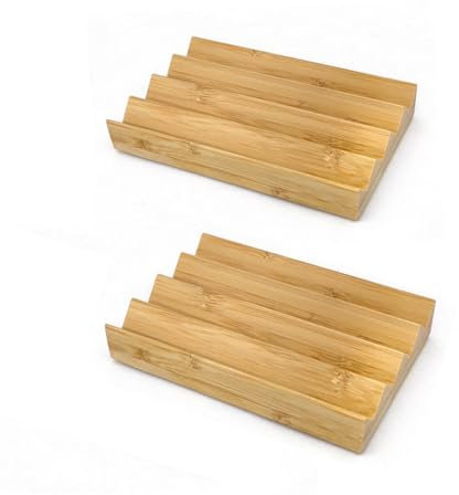 Natural Bamboo Soap Dish Tray for Shower, Bathtub, Decorative Wooden Soap Holder with Anti-Slip Base, Keep Soap Dry in Kitchen, Bathroom, Sink, Soap Saver for Hand Face Wash Bar & Sponges (2pcs)