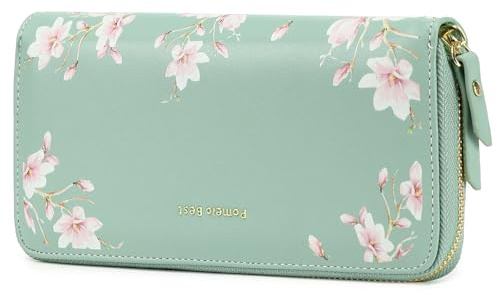 Pomelo Best Geldbörse Damen groß im Langformat Blumen Prägung Reißverschluss Portemonnaie mit RFID-Blockierung und vielen Fächern Grün