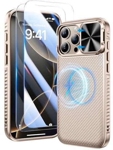 Doeshine for iPhone 16 Pro Case with 2 Pack Screen Protector and Slide Camera Cover, Military-Grade Drop Protection Rugged Hard PC Magnetic Shockproof Phone Case Cover for iPhone 16 Pro 5G 2024 (Gold)