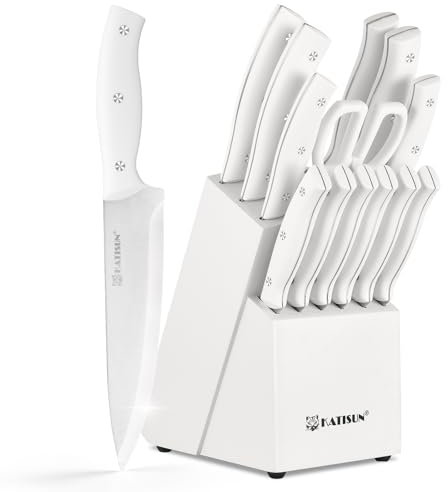 KATISUN 15-Piece Knife Set – White Self-Sharpening Knife Block, Stainless Steel Kitchen Knives with Ergonomic Handles, Including Chef's Knife, Santoku Knife, and More