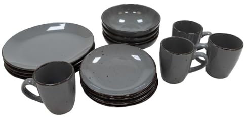 16 Piece Speckled Dinner Set | 4 Plates, Side Plates, Bowls and Cups | Party Dinnerware | Service Set for 4 | Dishwasher and Microwave Safe | Kitchen & Dining | M&W (Grey)
