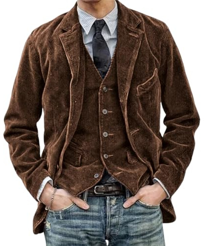 Nbzsmlkn Giacca E Gilet Vintage Daviro, Giacca Casual da Uomo in Velluto A Coste con Risvolto A Intaglio, Giacca Blazer Vintage Slim Fit con Un Bottone E Gilet (M,Marrone)