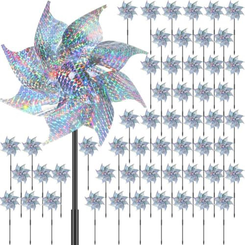 Lahdrhab Moulin à Vent Réfléchissant avec Piquets, Adapté à la Décoration de Jardin, Répulsif à Oiseaux, Moulin à Vent Extérieur Argenté Brillant