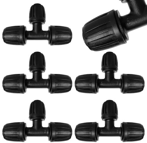 VooGenzek 5 Pezzi Connettori a T con Spinato Irrigazione a Goccia, Connettore Tubo a 3-Vie da Giardino per Tubo 15/20 mm a 13/16 mm, Adattatore per Irrigazione a Goccia, per Prato
