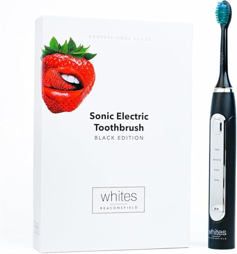 Whites Beaconsfield Spazzolino elettrico sonico nero: sbiancamento avanzato dei denti con 4 modalità di pulizia, 38.000 vibrazioni, lunga durata della batteria, setole premium, ricarica USB, 2 testine